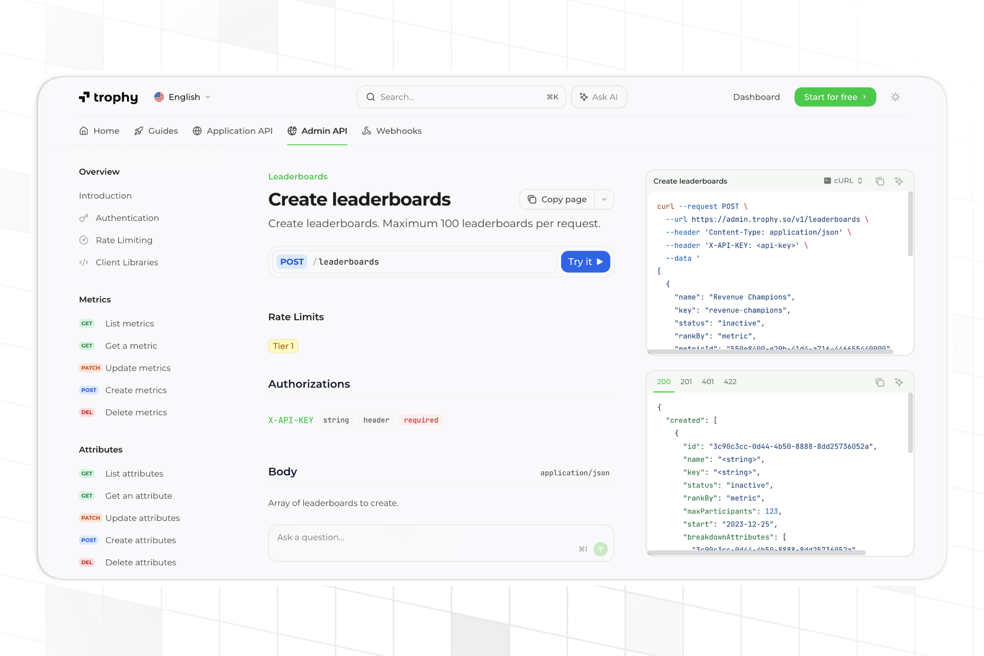Trophy Admin API for creating leaderboards