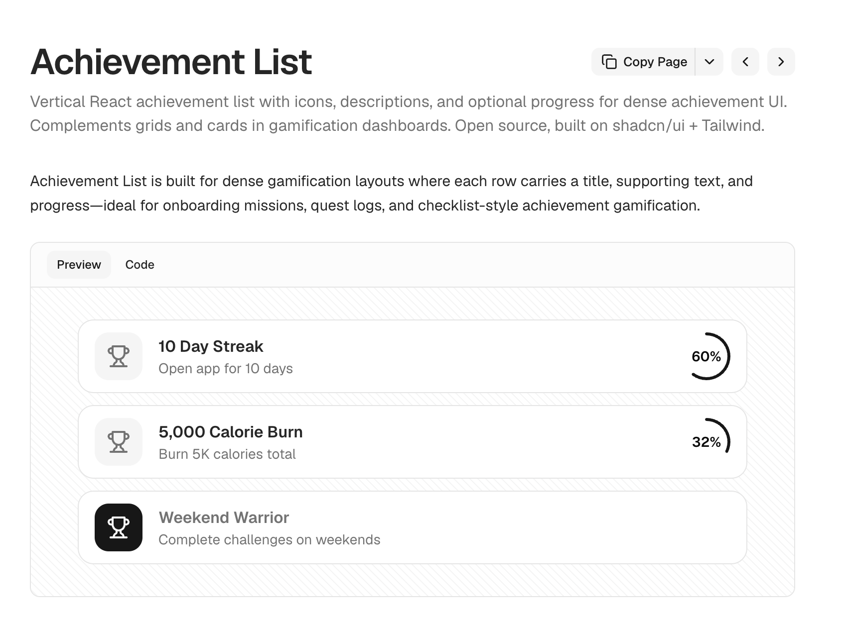 Achievement list component in the Trophy gamification UI kit