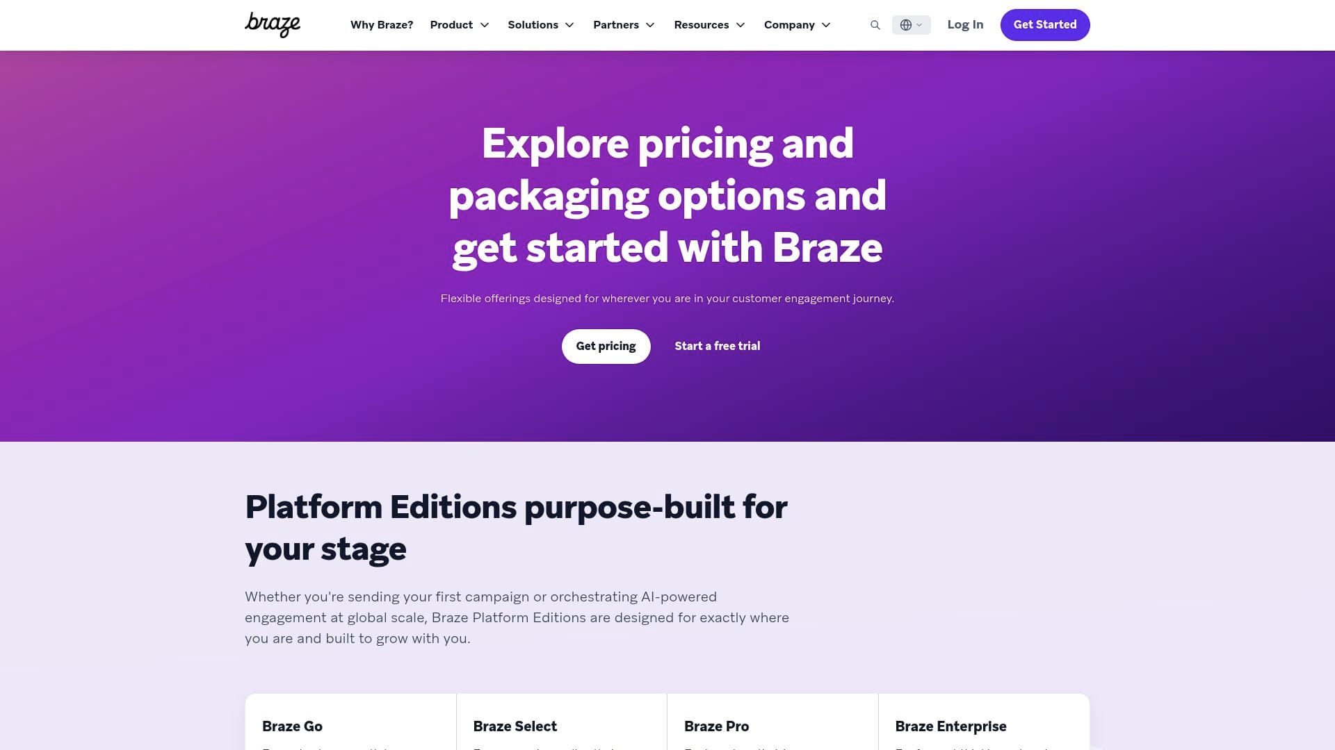 Braze pricing page showing four Platform Editions and a Get pricing button, captured 30 Oct 2026