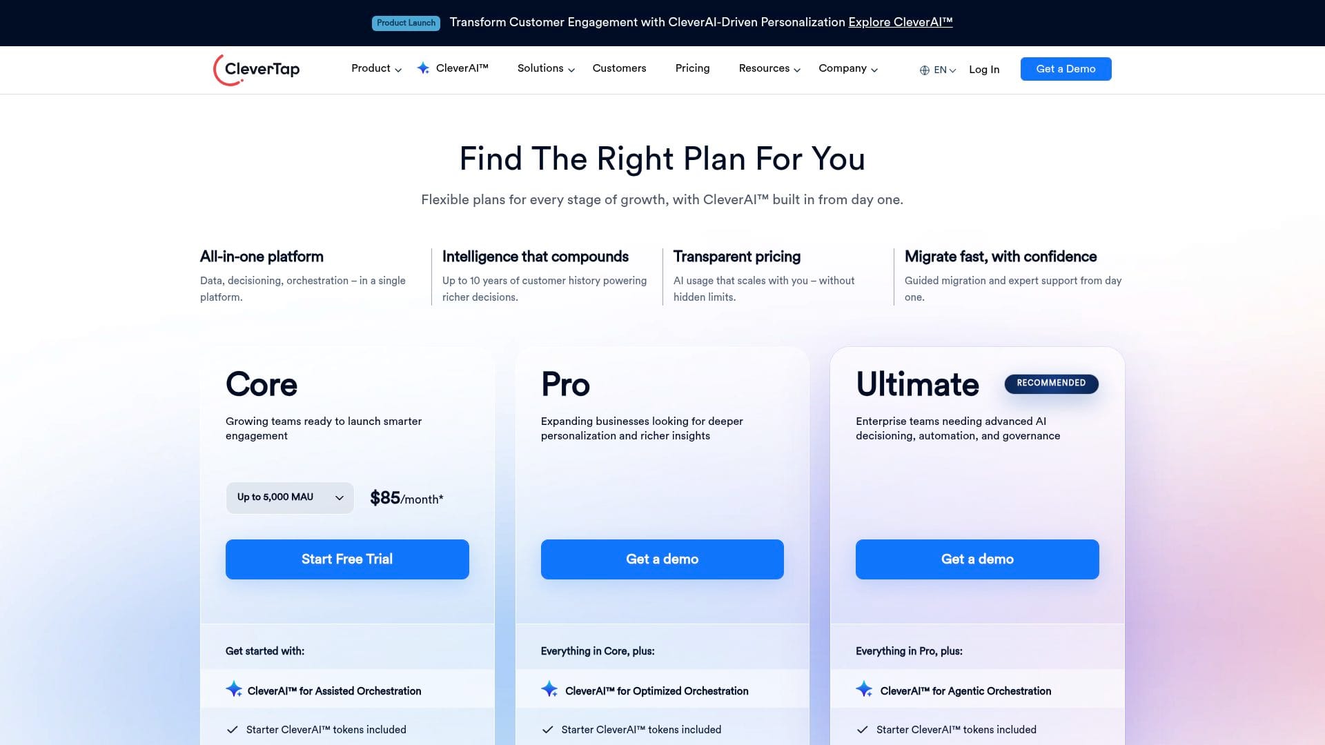 CleverTap pricing page showing Core at $85 a month for up to 5,000 MAU, captured 30 Oct 2026