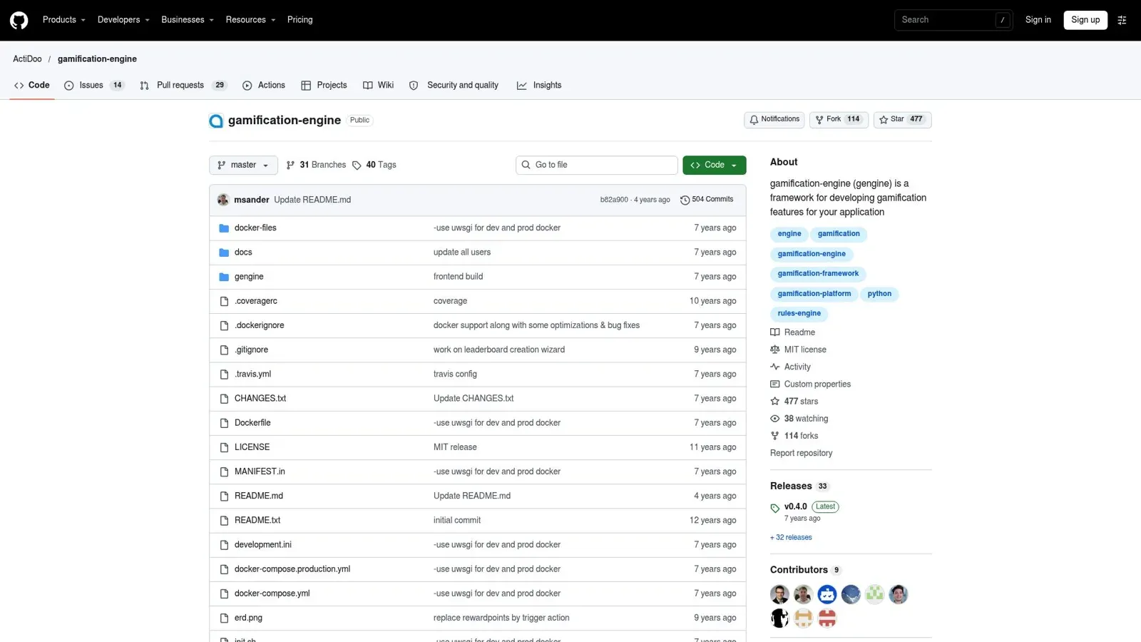 Gamification-Engine GitHub page showing the latest commit and release dates