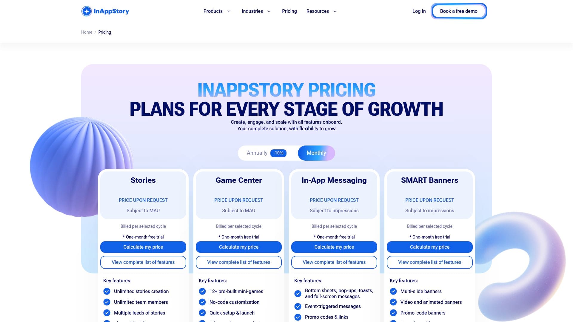 InAppStory pricing page showing price upon request on every plan, captured 29 Oct 2026