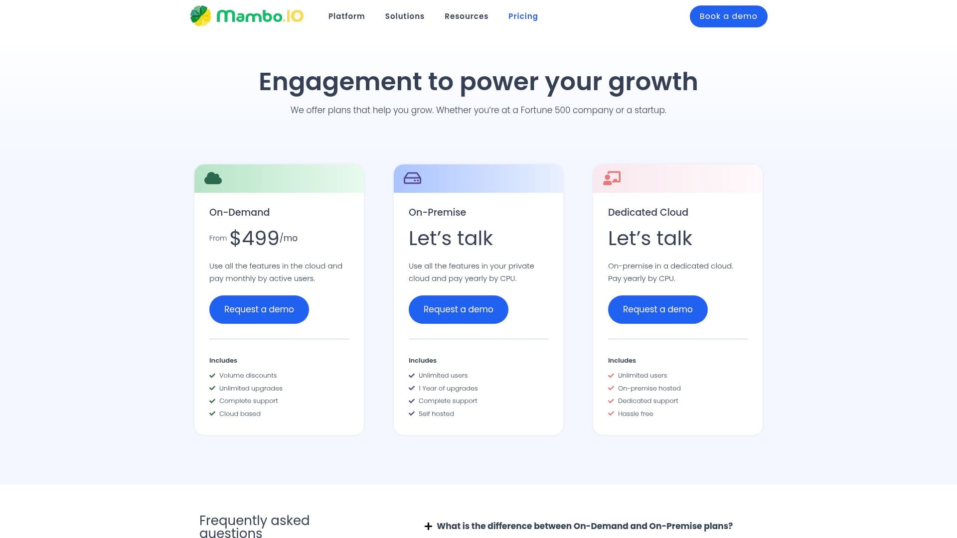 Mambo pricing page showing On-Demand from $499 a month, captured 30 Oct 2026