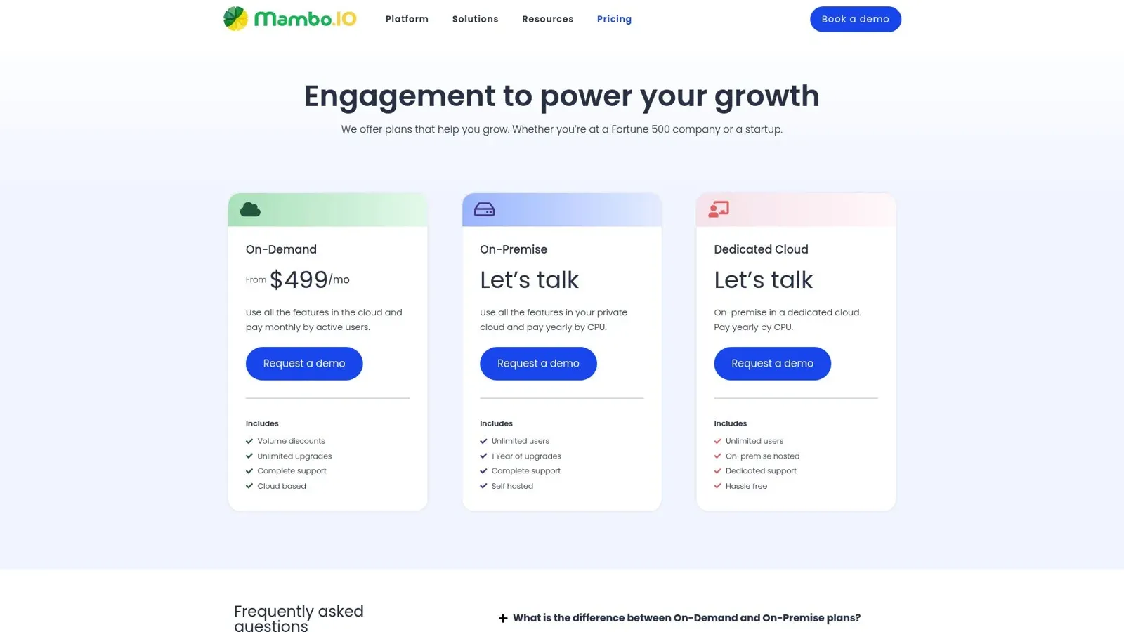 Mambo.IO pricing page showing the On-Demand, On-Premise and Dedicated Cloud plans
