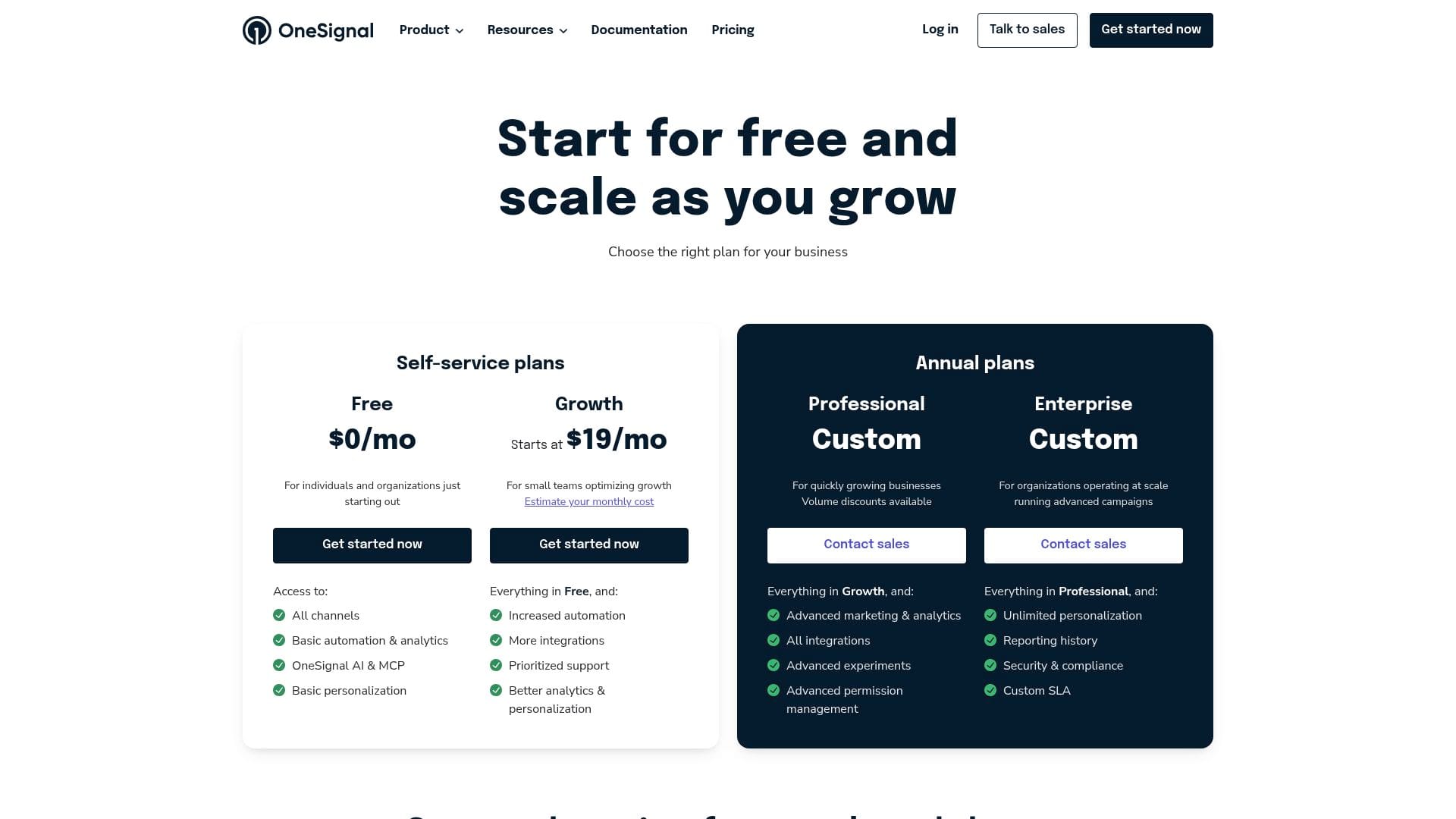OneSignal pricing page showing Free, Growth from $19 a month, Professional and Enterprise custom, captured 30 Oct 2026