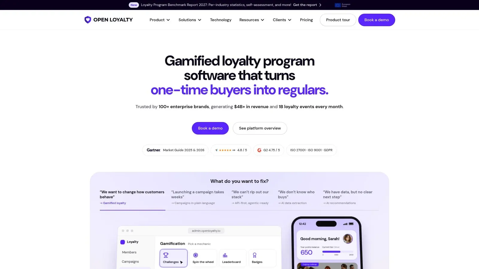 Open Loyalty home page showing its gamified loyalty headline and certification badges