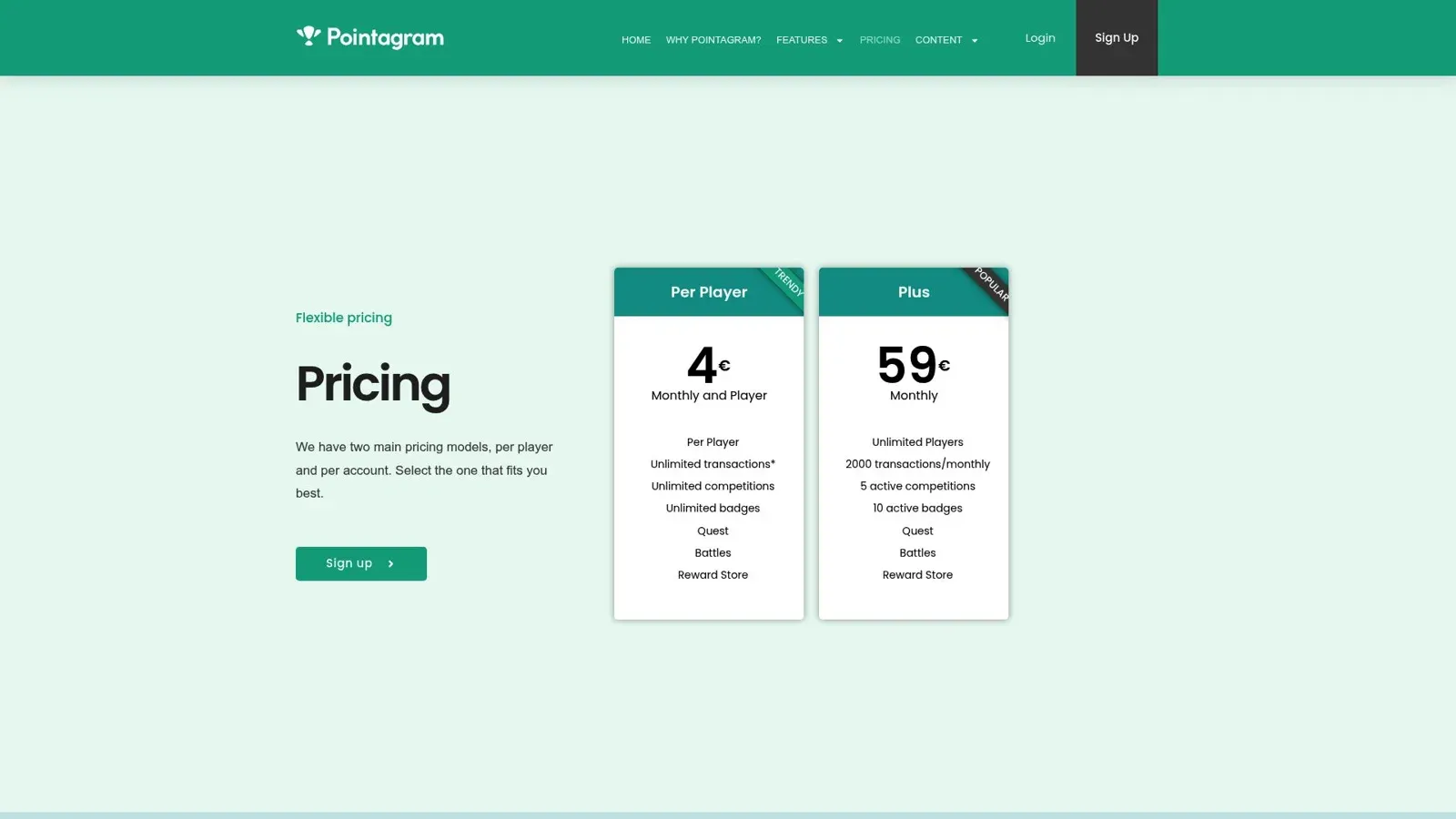 Pointagram pricing page showing the Per Player and Plus plans