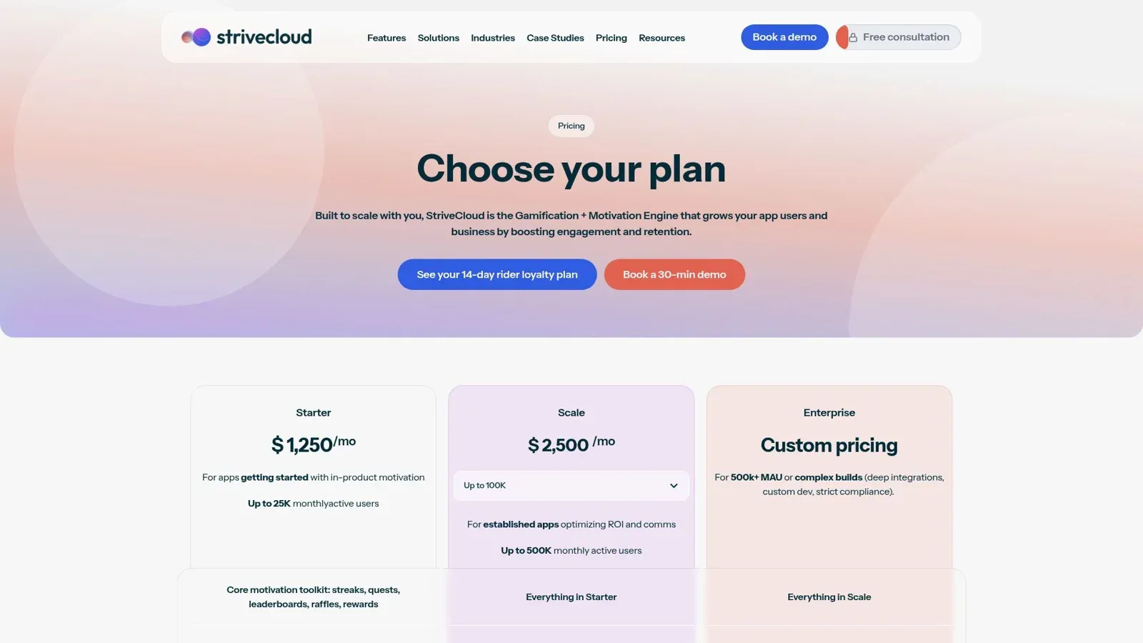 StriveCloud pricing page showing the Starter, Scale and Enterprise plans