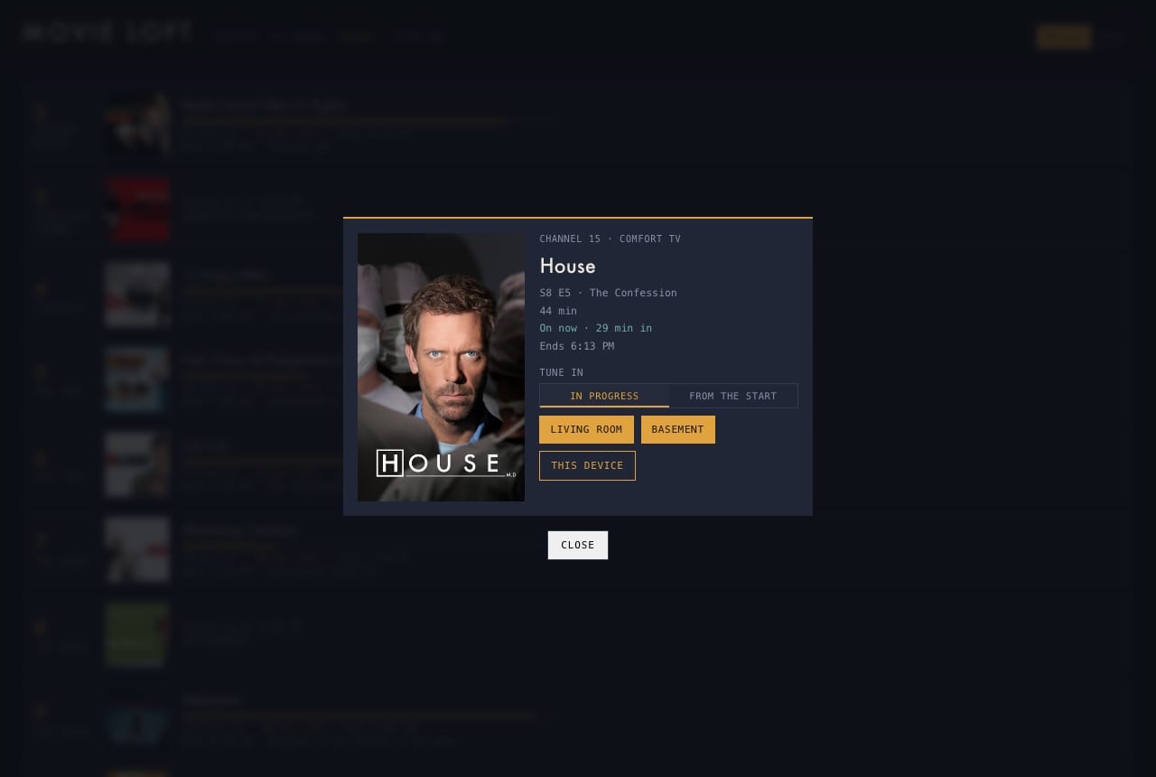 Tuning in to an episode of House on Comfort TV: In progress or From the start, then pick a room