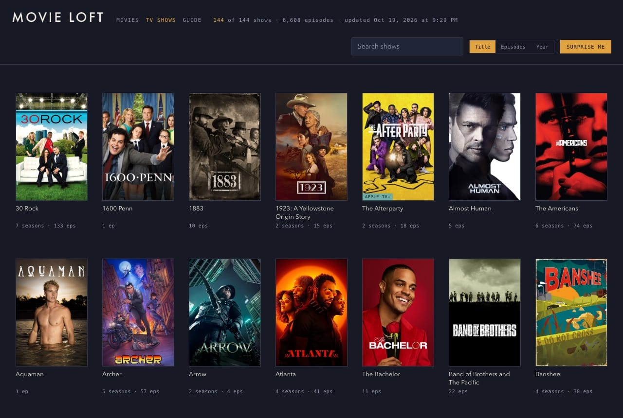 The TV Shows page: every show with its poster and season and episode counts