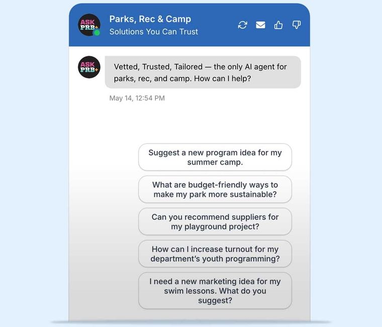Image of the new Ask PRB+ Chat bot with suggested prompts