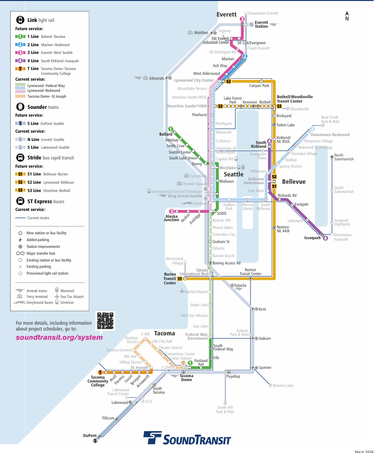 A map shows the rapid transit network approved in ST3, stretching from Dupont to Everett, with Sounder, light rail, and Stride bus rapid transit.
