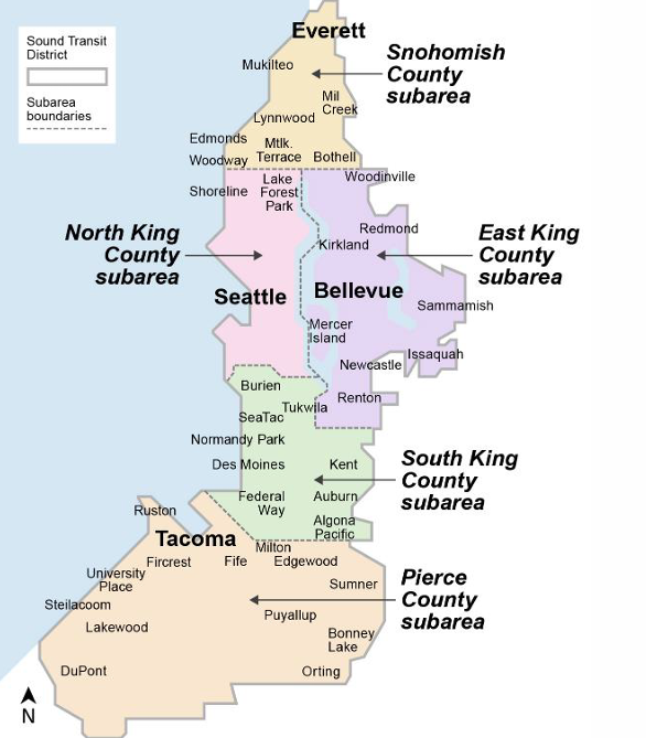 A map shows the Snohomish subarea includes Everett, Lynnwood, Mountlake Terrace, Mukilteo, Edmonds, Woodway, Mill Creek, and Bothell.