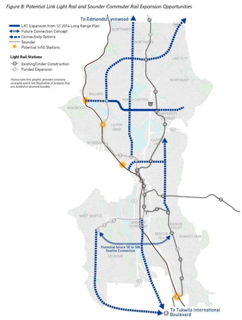 SDOT sketched out future rail corridors to expand the city’s growing light rail network. (Seattle Department of Transportation)