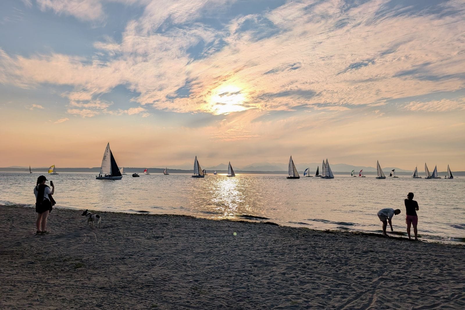 The beach at Golden Gardens just before sunset with a few people walking by and dozens of sailboats at sea.