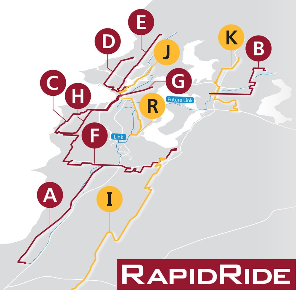 RapidRides A through H are shown in red and the four future lines are show in yellow in the map.