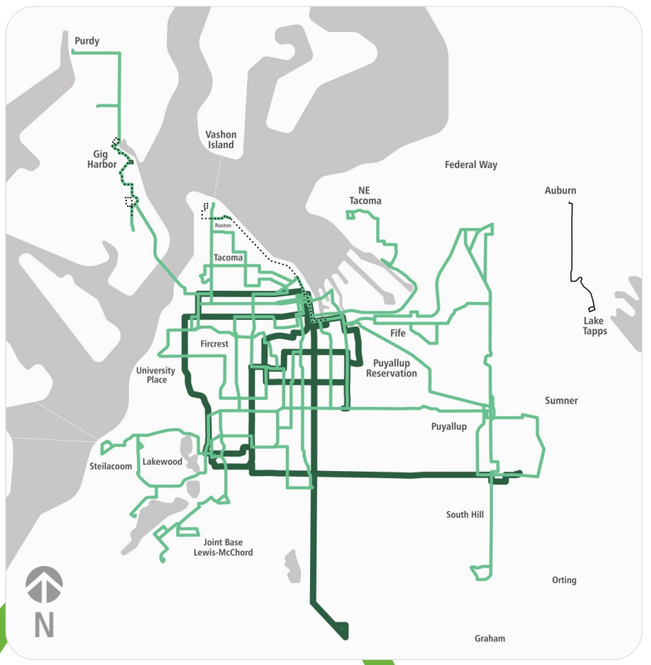 A map shows a fairly dense network of bus routes in the core of Pierce County, with tendrils reaching to JBLM and South Hill.