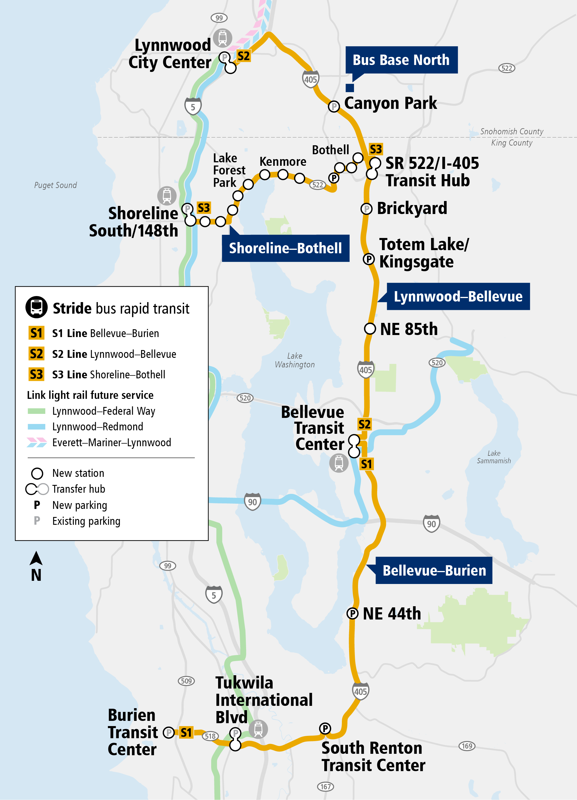 The map lays out the BRT station with Burien Transit Center the southern terminus of S1 and Lynnwood City Center the norther terminus of S2. Both lines meet at Bellevue Transit Center. The S3 starts at Shoreline South Station and travels along SR 522 until it hits its terminus at I-405 in Bothell.
