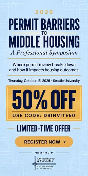Permit barriers to middle housing, a professional symposium. Featured session: Land use attorney Samuel A Rodabough, The legal perspective on Seattle’s new water service policy. October 15. Seattle University. Register now