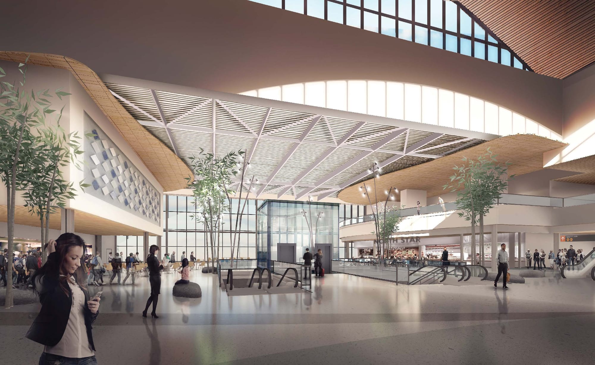 New marketplace at the North Satellite; look at the flowy roof and open space above. (Port of Seattle)