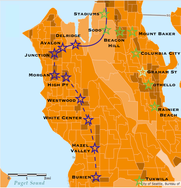 West Seattle isn't the densest part of the, city but Sound Transit's proposed alignment catches most of what density there is. Brown tracts averaged at least 10,000 residents per square mile as of 2012. (ArcGIS)