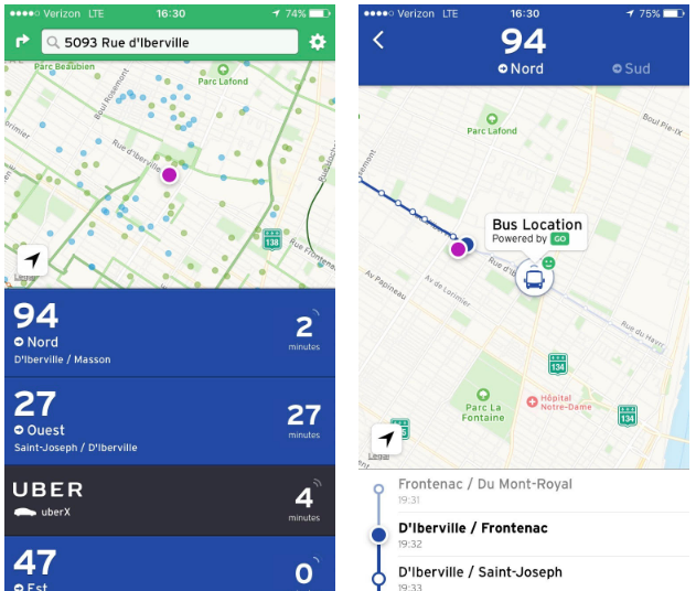 Left: Routes 47 and 94 with pulsing to indicate that real-time data is provided by GO. Right: What a real-time data bus location looks like when powered by GO. (Transit App)