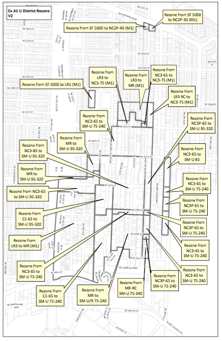 Map of the finalized rezones in the University District. (City of Seattle)