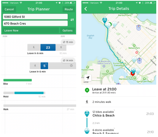 Left: The Trip Planner showing trip options, including biking and Mobi bikeshare. Right: The Mobi bike trip along English Bay. (Transit)
