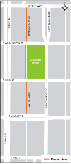 Alleys in Pioneer Square where activation improvements will be made. (City of Seattle)