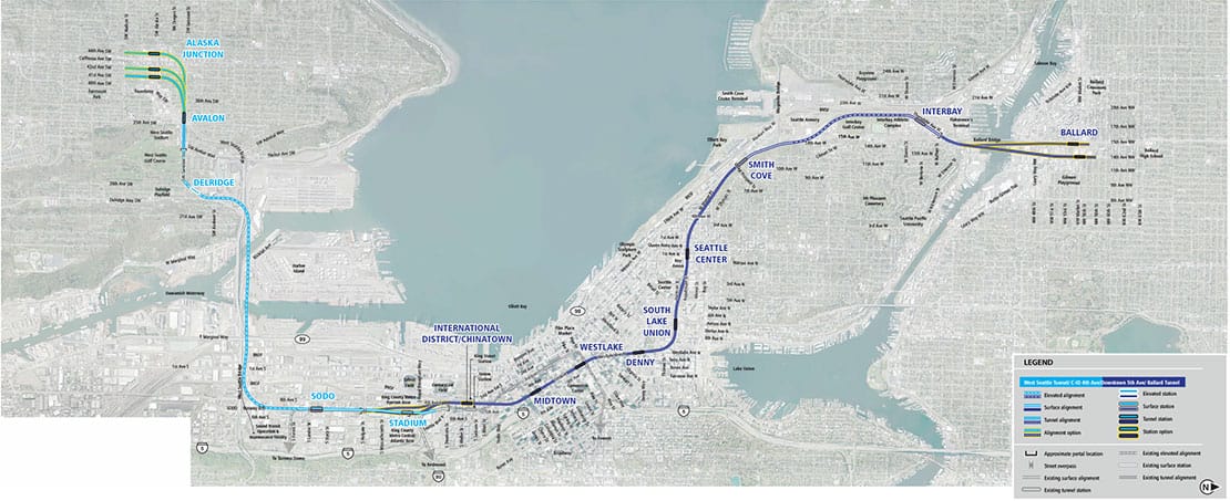 West Seattle Tunnel/C-ID 4th Ave/Downtown 5th Ave/Ballard Tunnel alternative alignments. (Sound Transit)