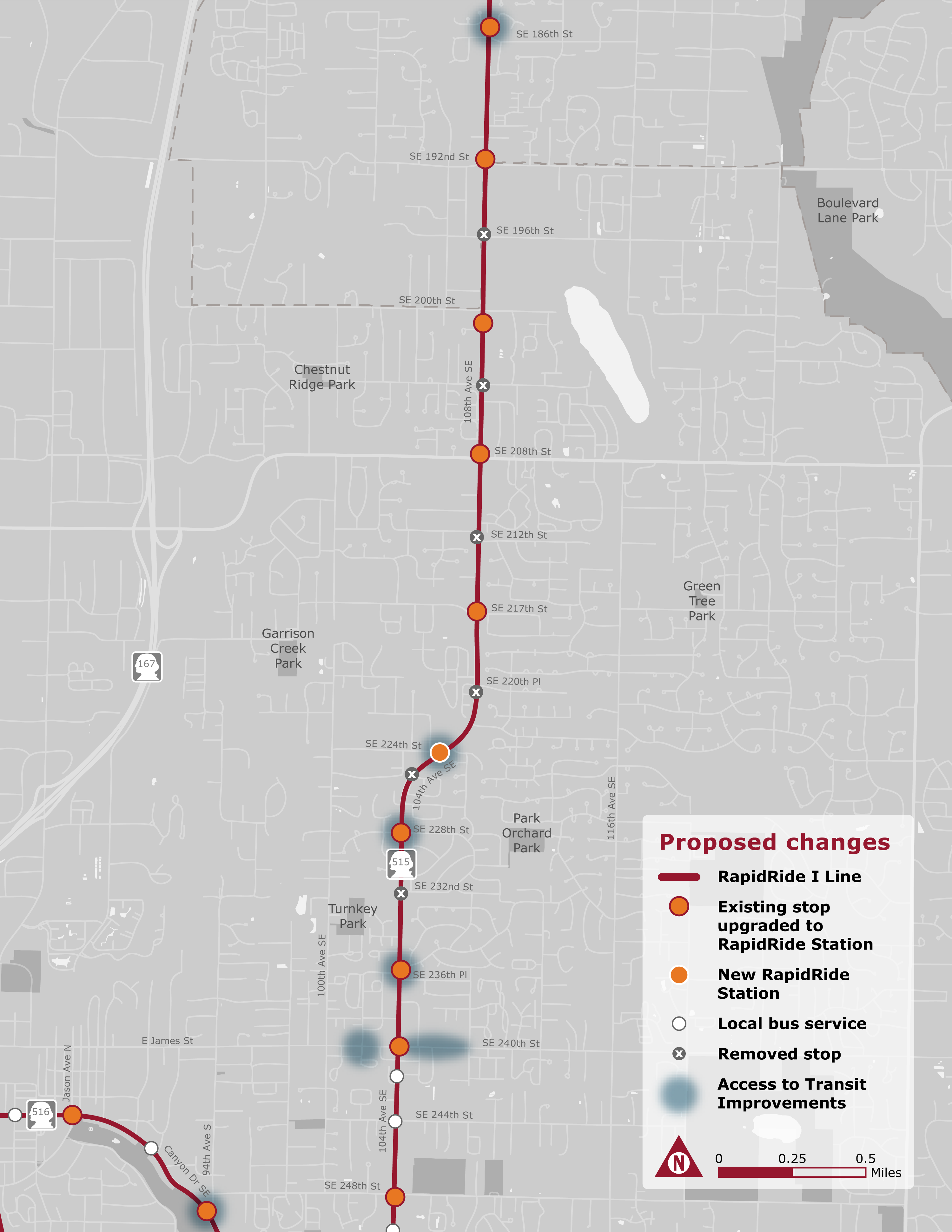 Proposed RapidRide stations, stop upgrades, stop closures, and local stops in the Kent area. (King County)