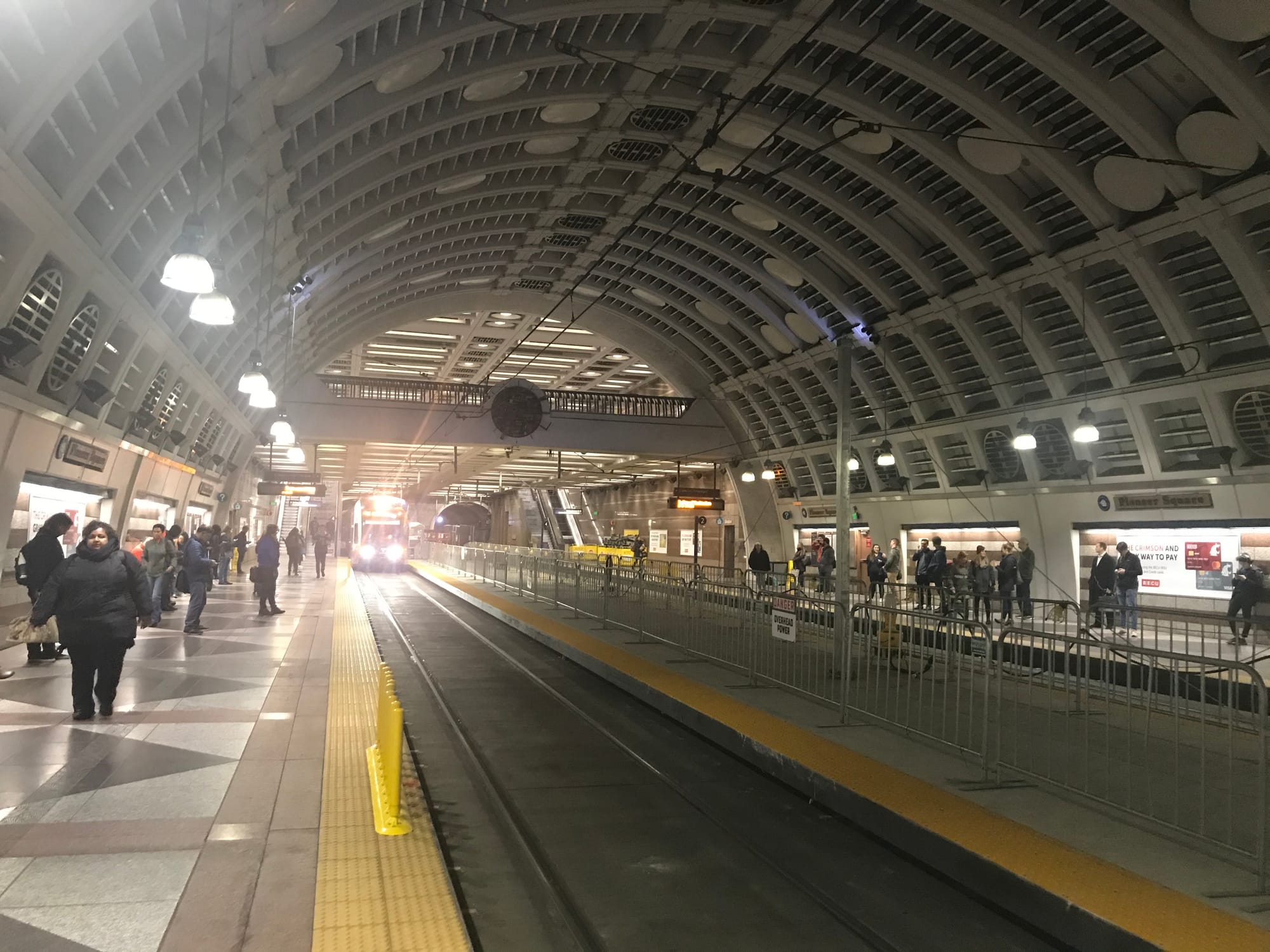 The newly installed center platform at Pioneer Square Station.