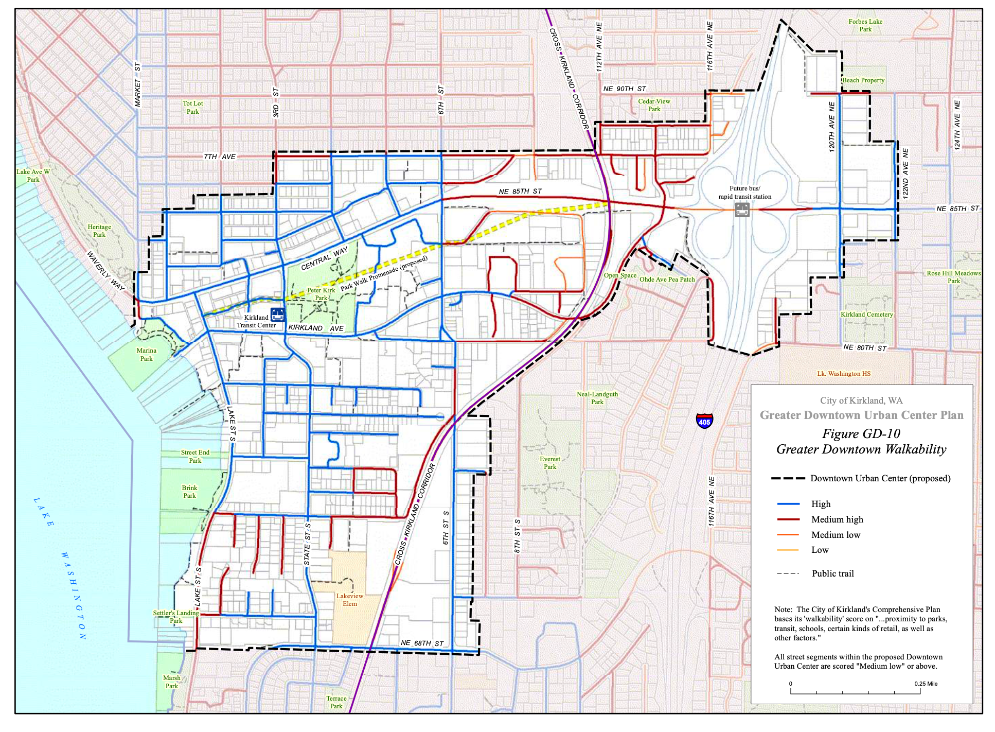 Current walkability of the city center block by block. (City of Kirkland)