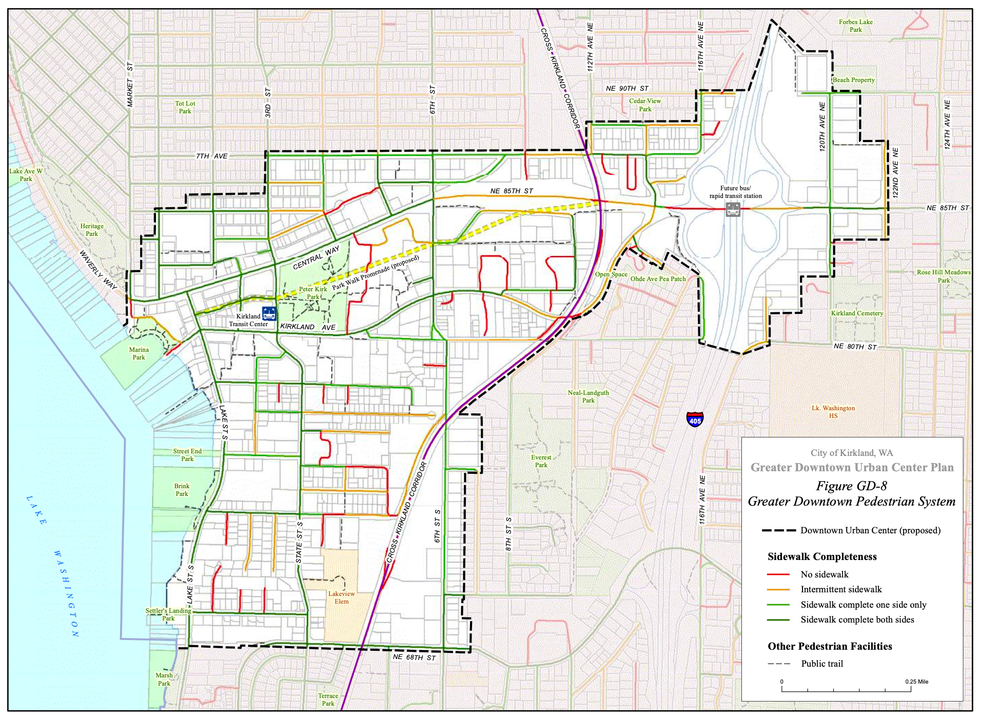 Current sidewalk completeness of the city center block by block. (City of Kirkland)