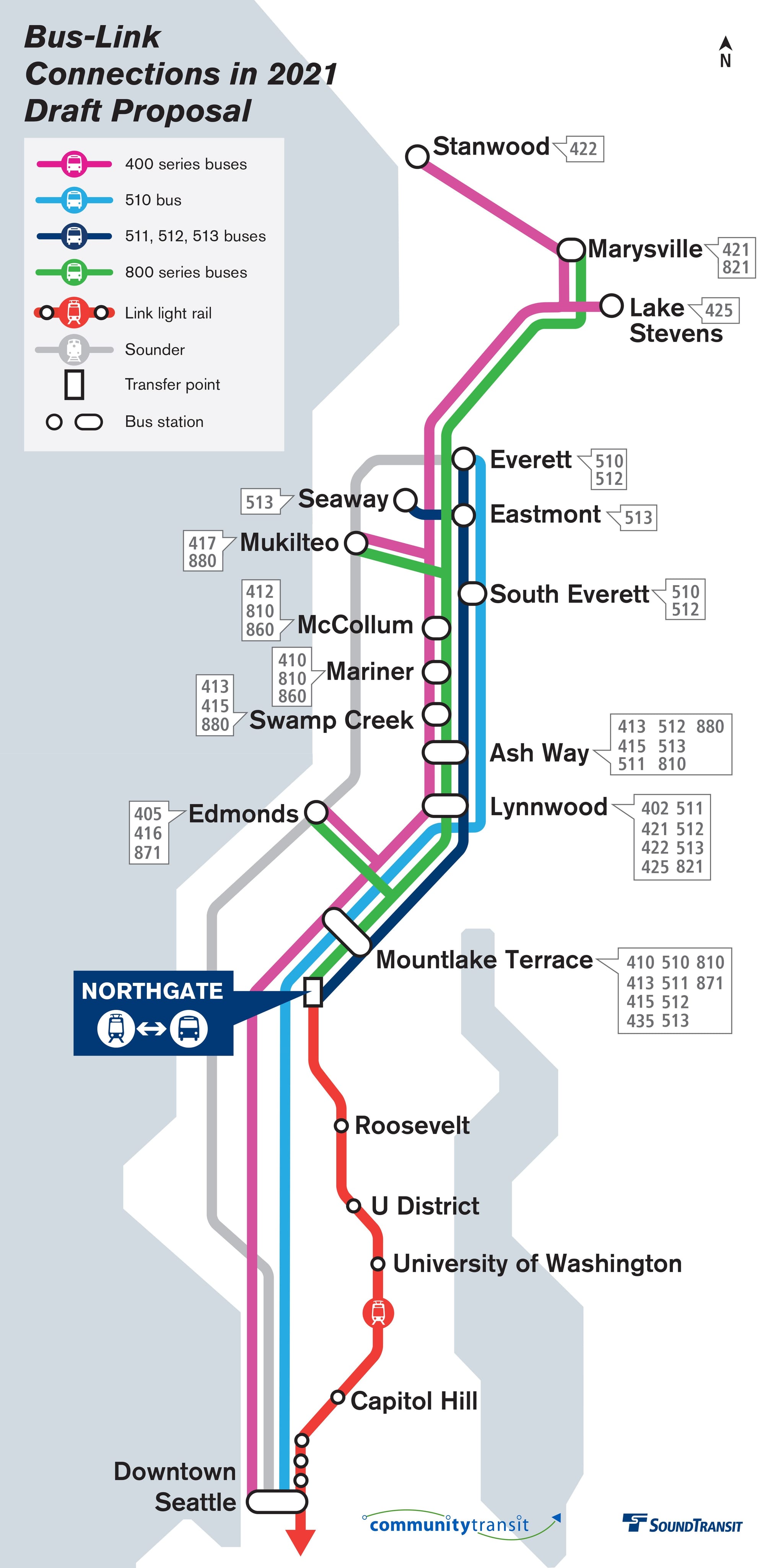 Diagram of the service proposal by series and corridor for the service restructure. (Sound Transit / Community Transit)