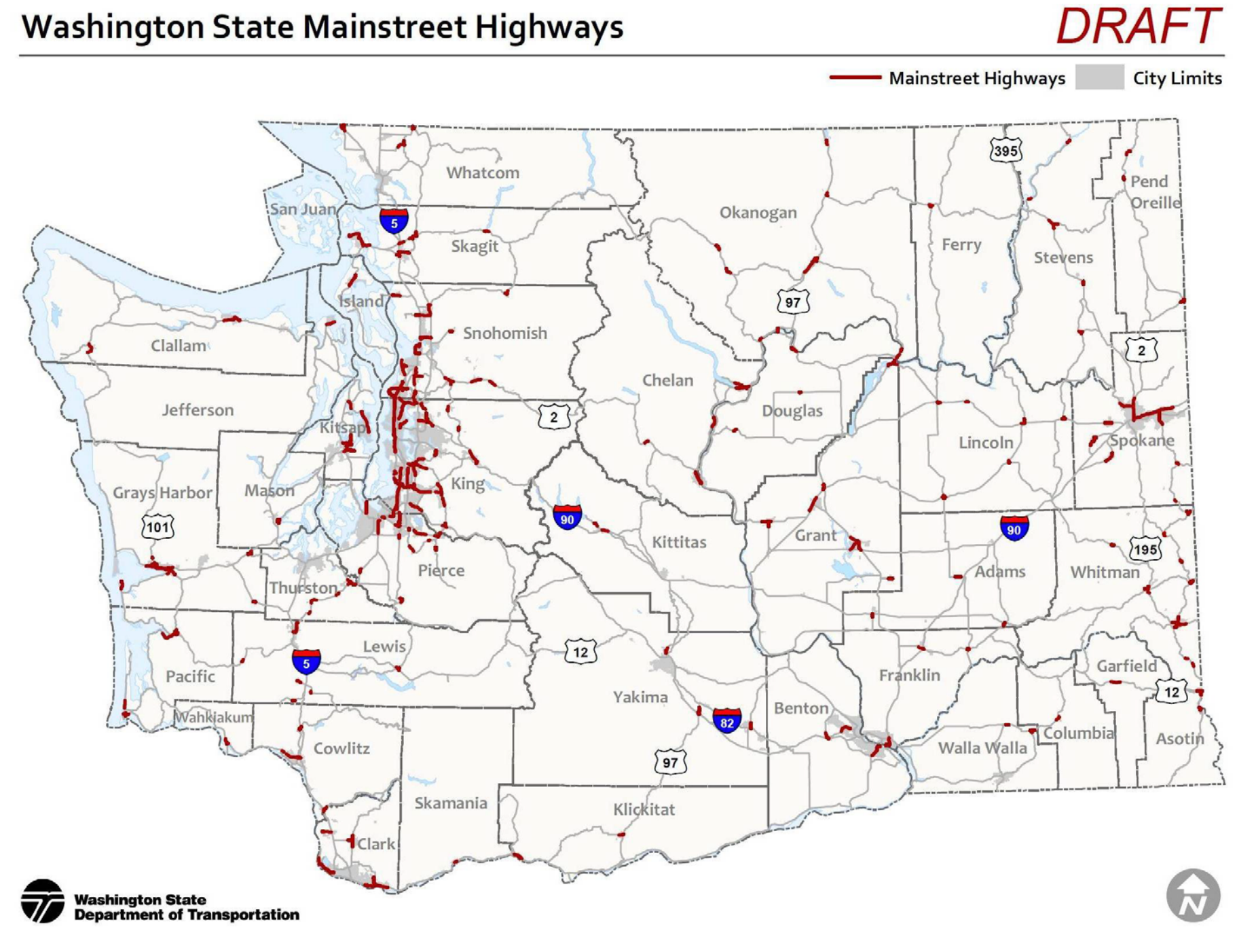 The bulk of Main Street Highways are located in the Central Puget Sound, particularly on highways like SR-99, SR-202, SR-516, SR-522, and SR-900. However, many others dot sections of cities and towns across the state. More sections of highways than shown on this draft map probably qualify for the program. (WSDOT)