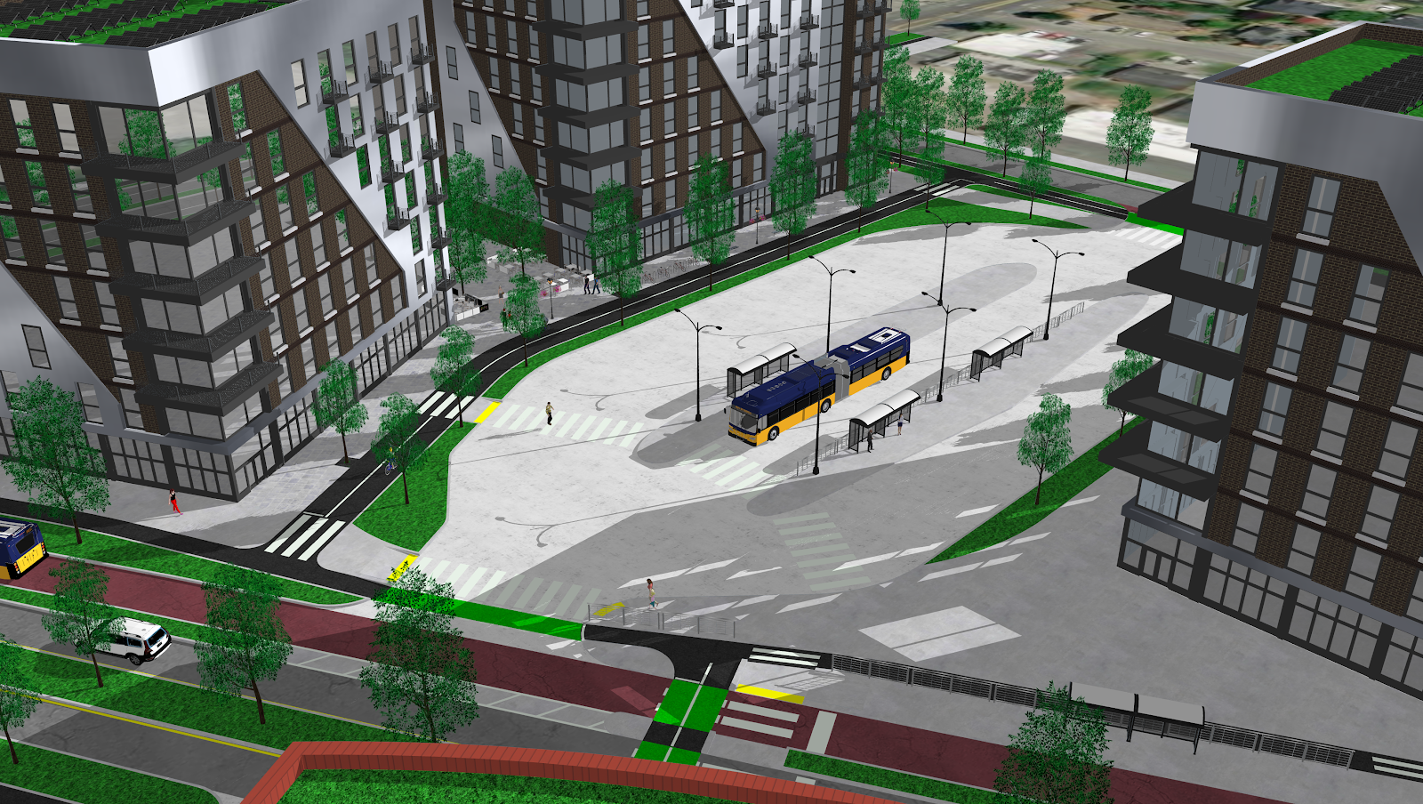 My vision for public housing, new bike lanes, a pedestrian street, and the full buildout of the Accessible Mount Baker Plan adjacent to the Mount Baker Transit Center. (Rendering by author in SketchUp)