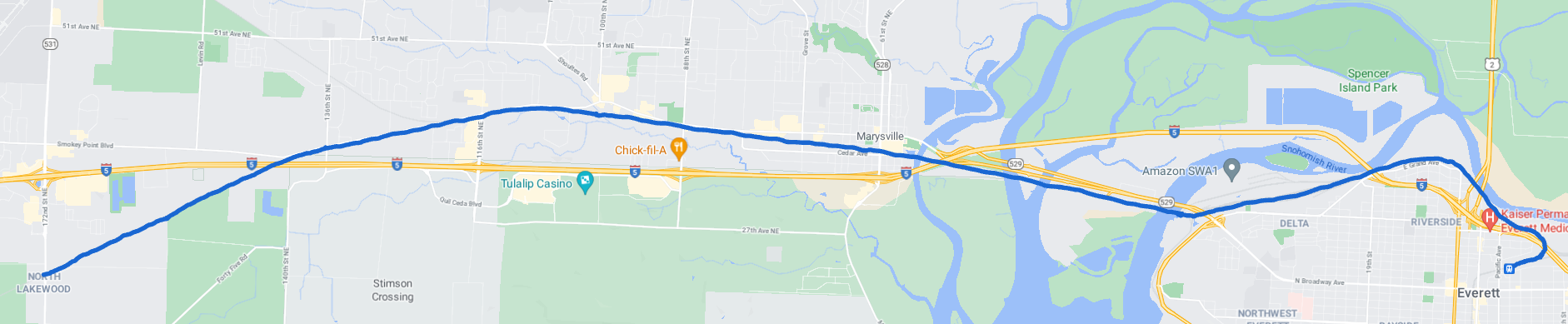 The BNSF/Amtrak route runs almost entirely parallel to SR-99 and right through the middle of Marysville.