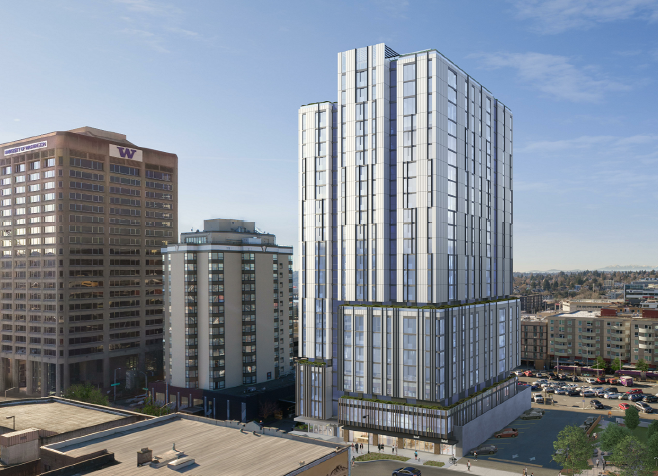 A rending of a completed 4515 Brooklyn Ave NE in the U District. The building is currently under construction and is very close to the U District light rail station. 