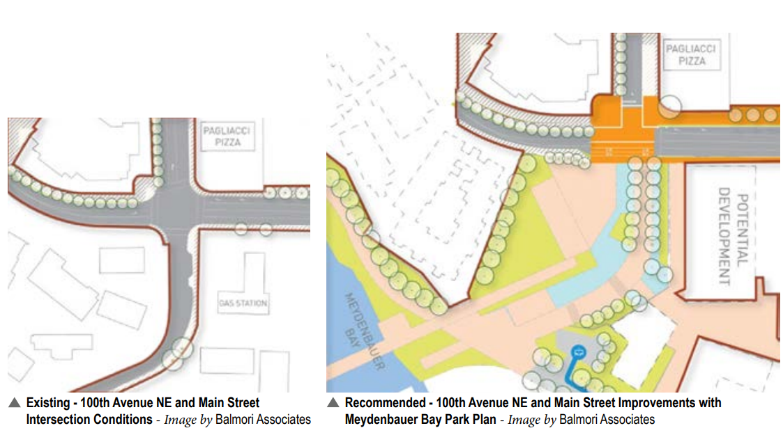 A graphic showing proposed intersection improvements at 100 Avenue NE and Main Street.