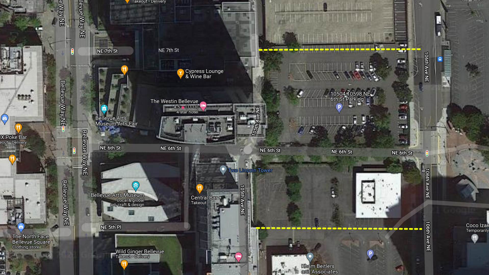 An aerial view of the Bellevue Way East to 106th Avenue East.