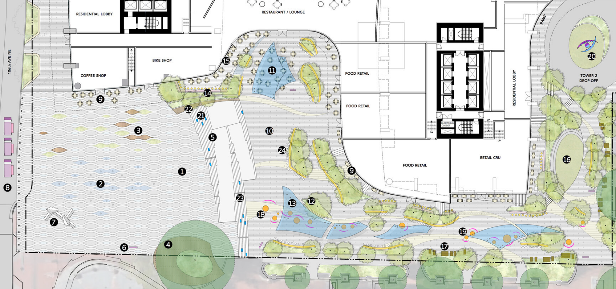 An aerial rendering of the pedestrian corridor, plaza, and commercial development.