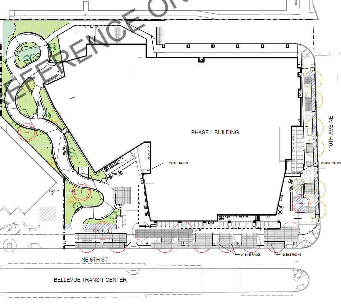 An aerial drawing of the buildings and planned public space near the Bellevue Transit Center.
