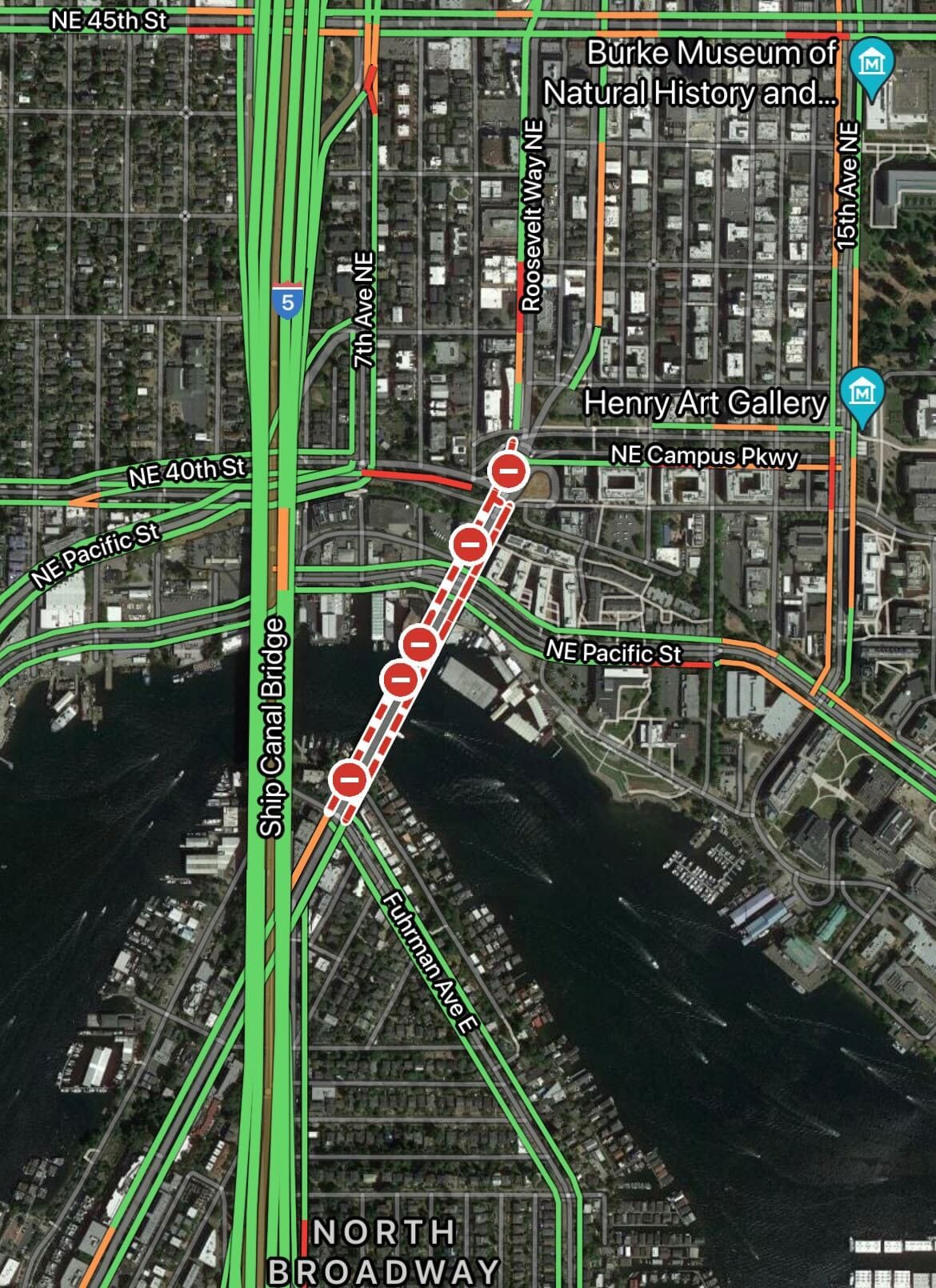 A map show the closure of the University Bridge in Seattle.