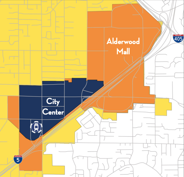 Lynnwood City Center will host a light rail station southwest of Alderwood Mall, which abuts the I-5 and I-405 interchange to on its eastern edge.