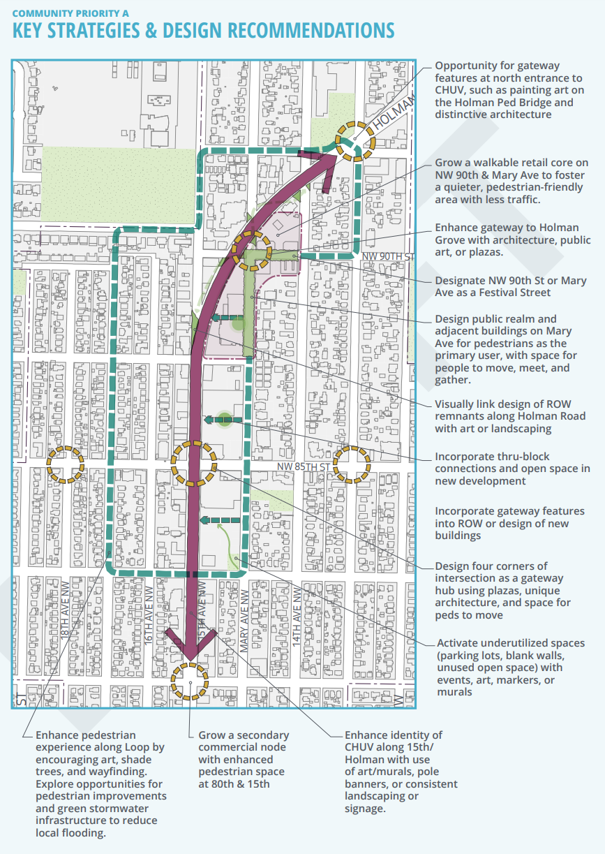 This map shows the location of the Crown Hill loops, and other potential improvements to the urban village.