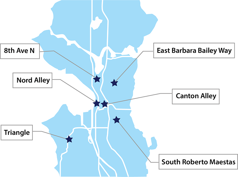A map of where existing festival streets are in Seattle. There are six of them mostly clustered close to downtown Seattle 