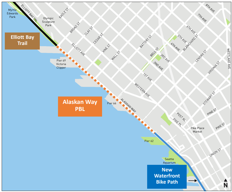Map of north downtown showing orange dotted line for final bike connection