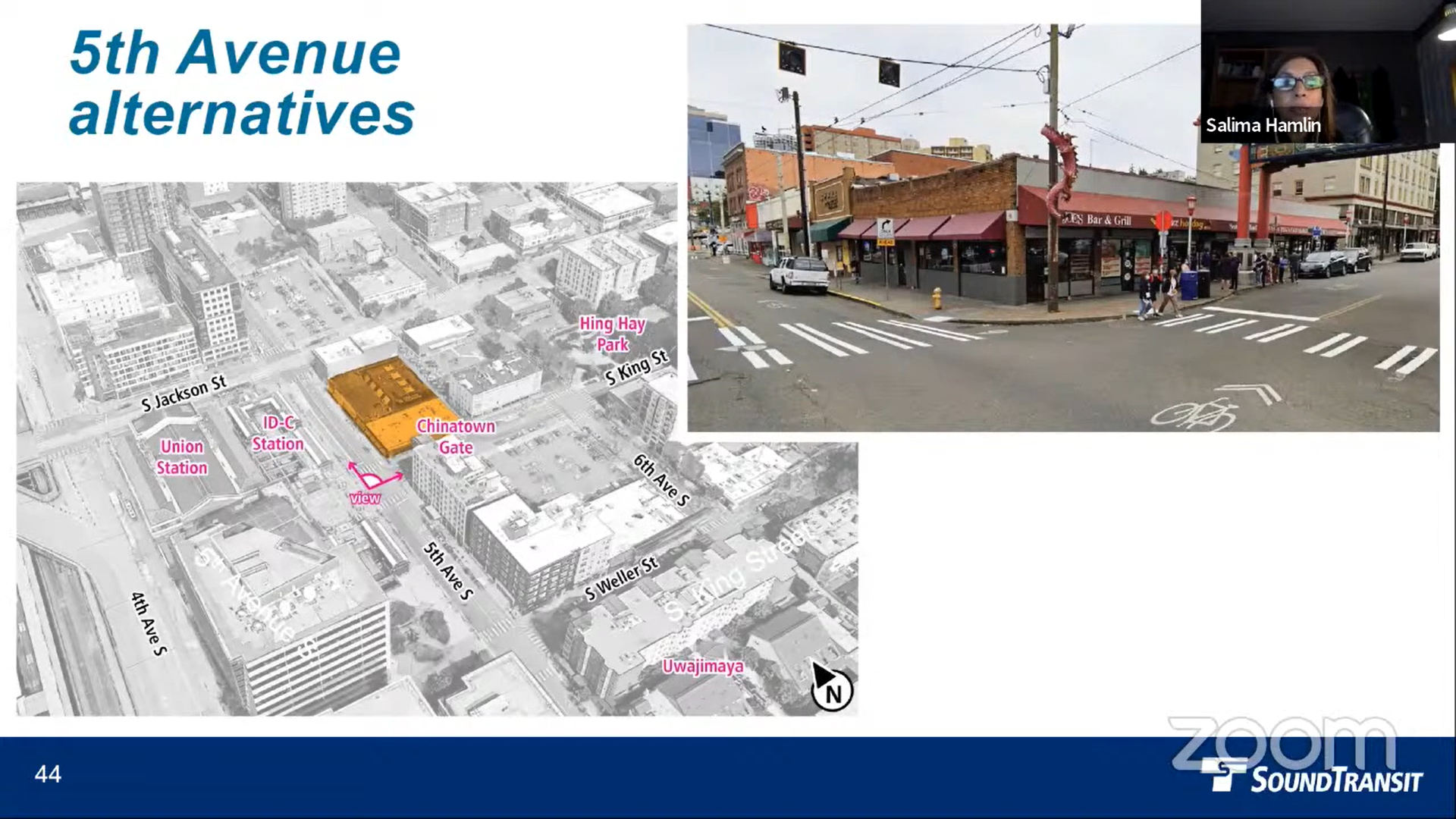 The block north of the Chinatown Gate is highlighted in orange with a breakout image in a Sound Transit presentation.