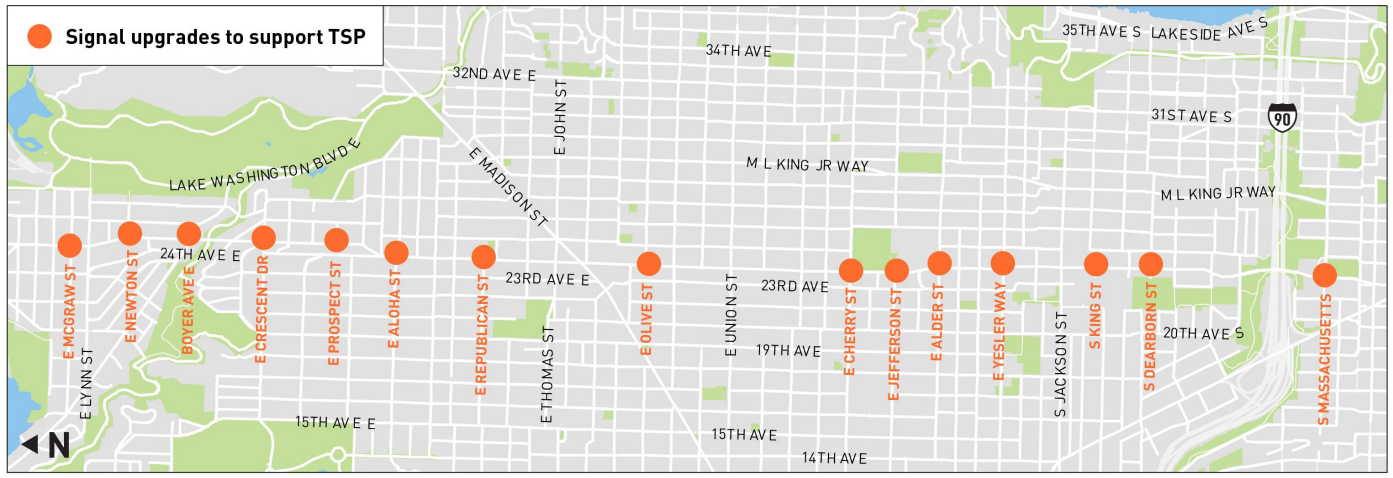 A map showing orange circles showing the 15 major intersections along 23rd and 24th where transit signal priority will be added